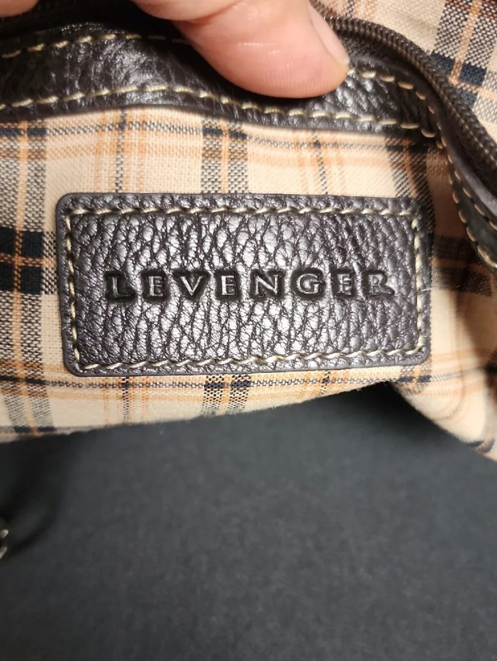 Levenger Brown Leather Logo Patch with Tan Plaid Lining